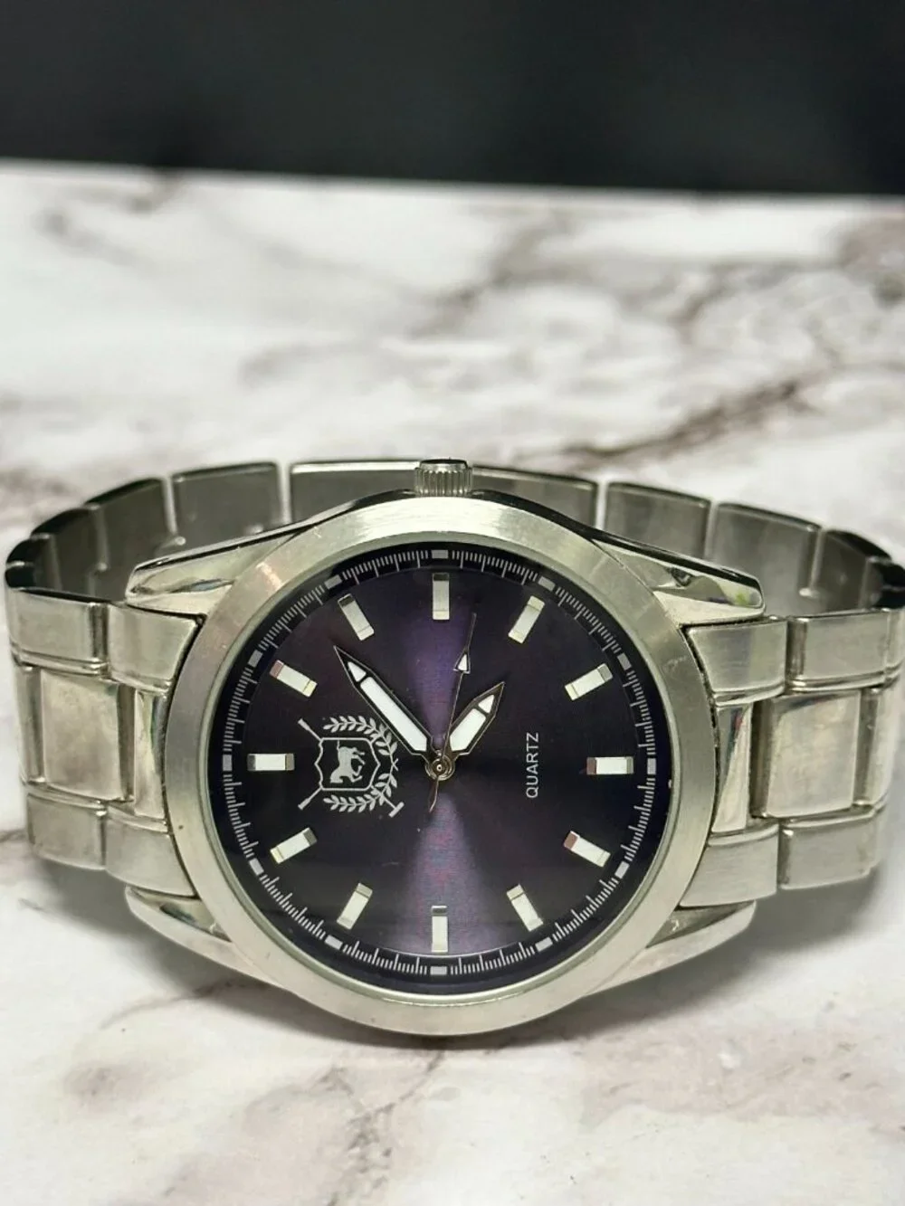 3/$30 Accutime Watch Men Silver Tone Purple Round 42MM Dial New Battery 8.5 Inch